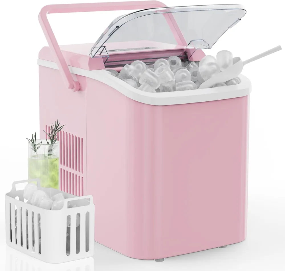 Countertop Ice Maker With Handle, 26lbs&24H Portable Ice Machine, 9 Bullet Ice Cubes Ready In 6 Mins, Self-Cleaning, Quiet Compact Ice Maker For Home, Kitchen, RV, Camping