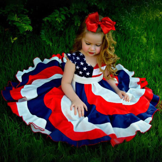 Toddler Girls' Independence Day Dress Red White & Blue Stripes And Stars Short Sleeve Twirl Dress 4th Of July