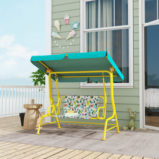 Kids Porch Swing, 2-Seater Patio Swing Bench With Safety Belts, Adjustable Canopy For Backyard, Garden, Green