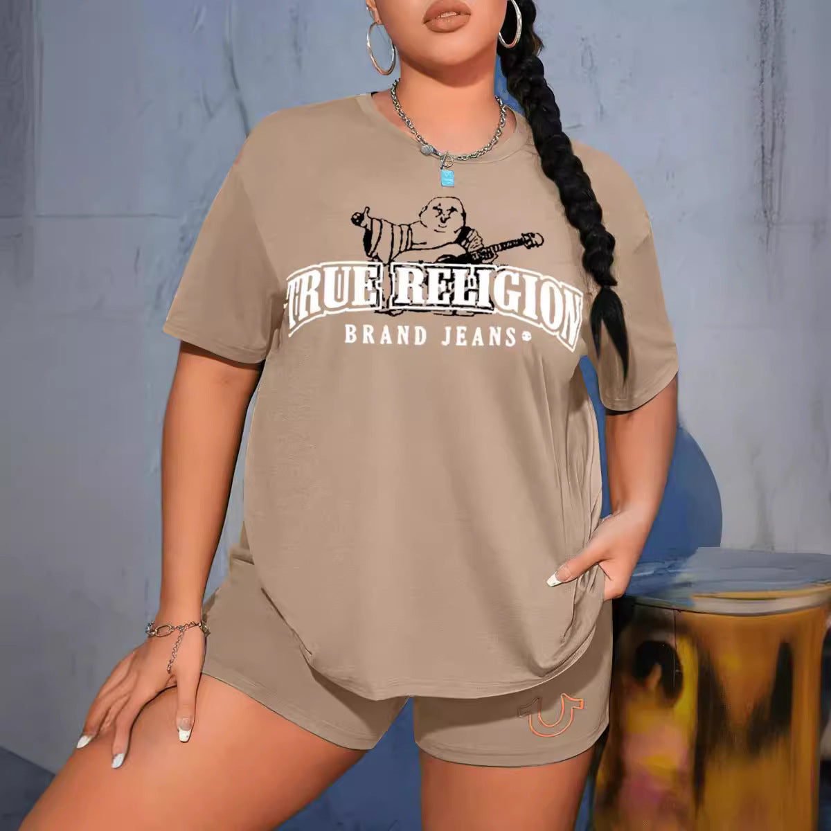 European and American women's printed tracksuit, amazon letter short sleeve shorts, autumn and winter, round neck, casual two-piece set, plus size