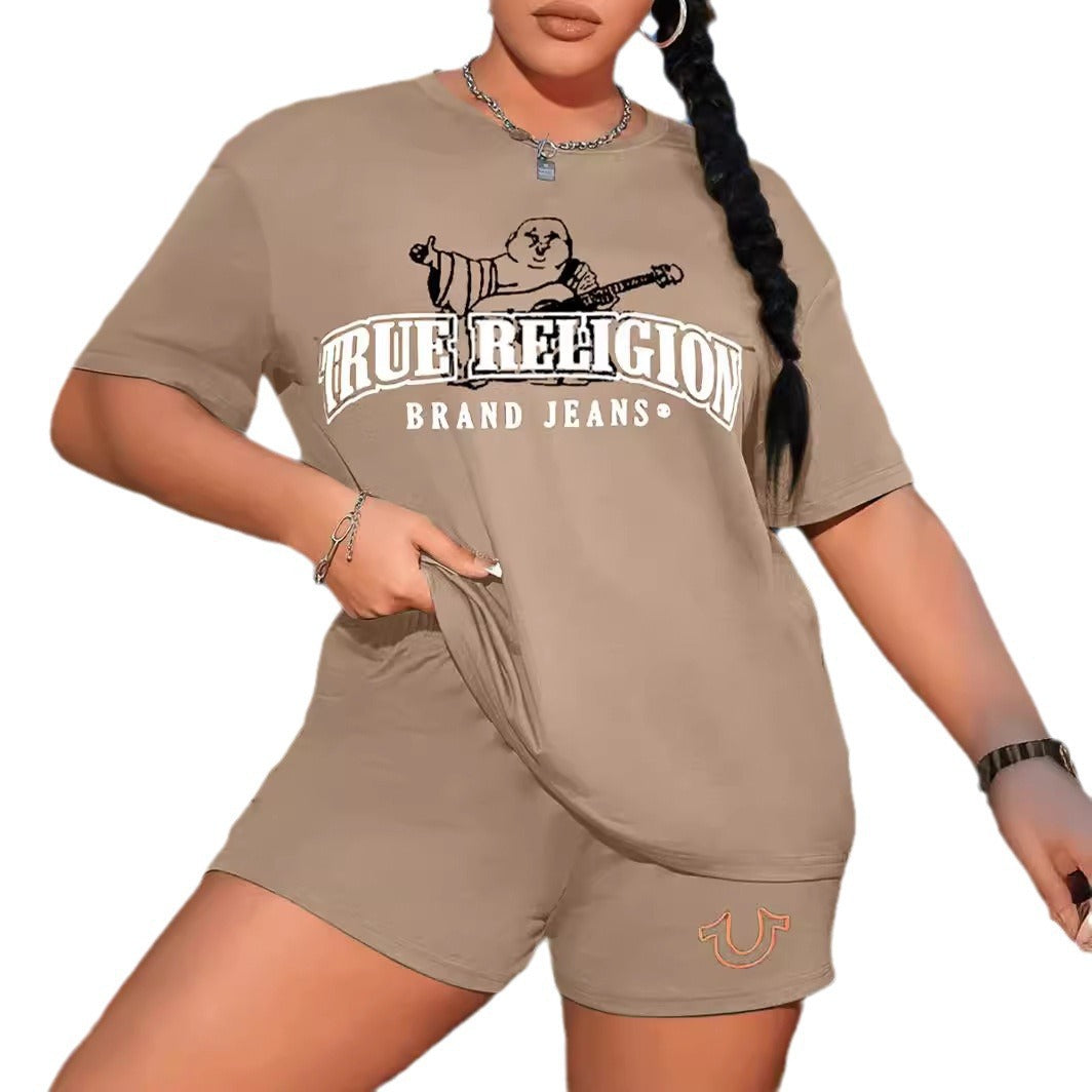 European and American women's printed tracksuit, amazon letter short sleeve shorts, autumn and winter, round neck, casual two-piece set, plus size