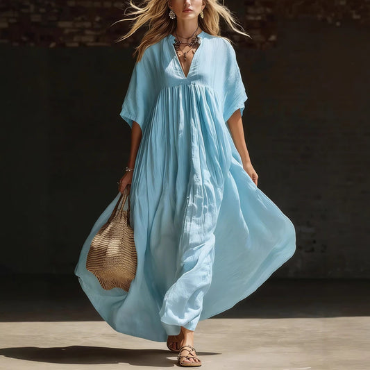 Summer Solid-Color Loose Beach Vacation Long V-Neck Dress