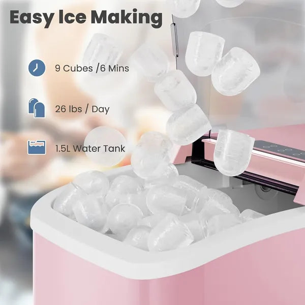Countertop Ice Maker With Handle, 26lbs&24H Portable Ice Machine, 9 Bullet Ice Cubes Ready In 6 Mins, Self-Cleaning, Quiet Compact Ice Maker For Home, Kitchen, RV, Camping