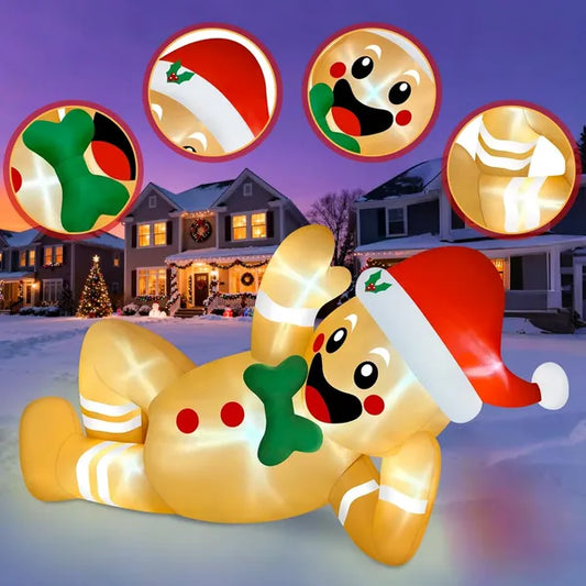 10FT Christmas Inflatables Outdoor Decorations, Giant Lying Gingerbread Inflatable With Built-in LED Lights Xmas Blow Up Yard Decoration For Holiday Party Garden Lawn Roof Outdoor Decor
